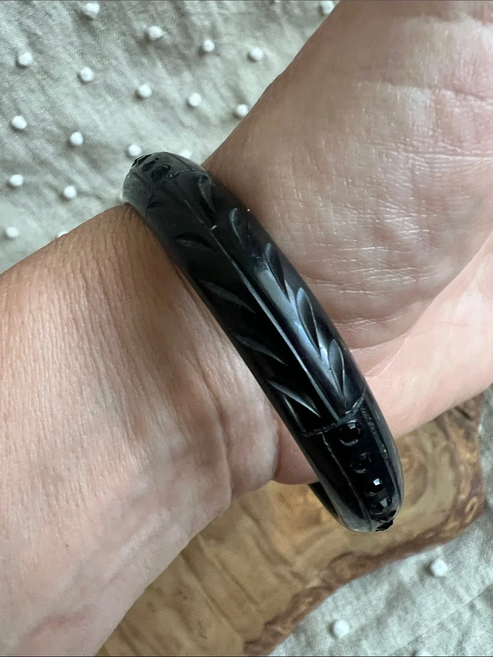 Black Carved Bakelite Bangle Bracelet. small